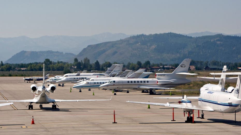     Private jets are parked at Jackson Hole Airport in Jackson, Wyoming.