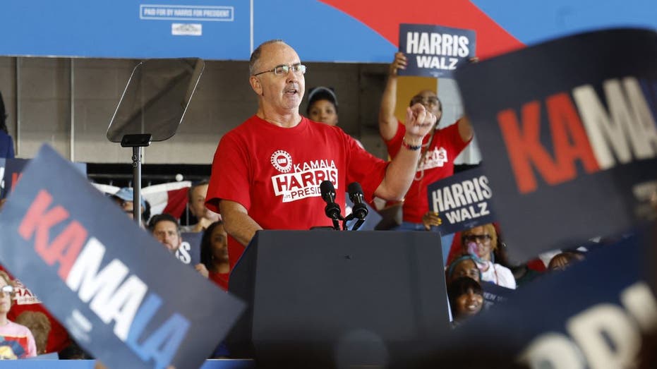 UAW President Shawn Fain speaks at Harris rally