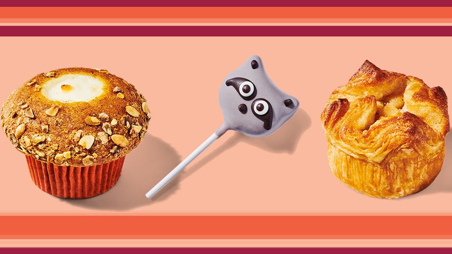 A pumpkin muffin, a raccoon cake pop, and an apple pastry.