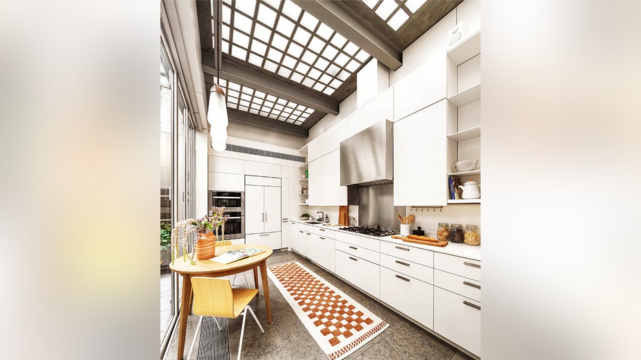 Claire Danes all white kitchen with a massive skylight and a small patterned orange and cream runner