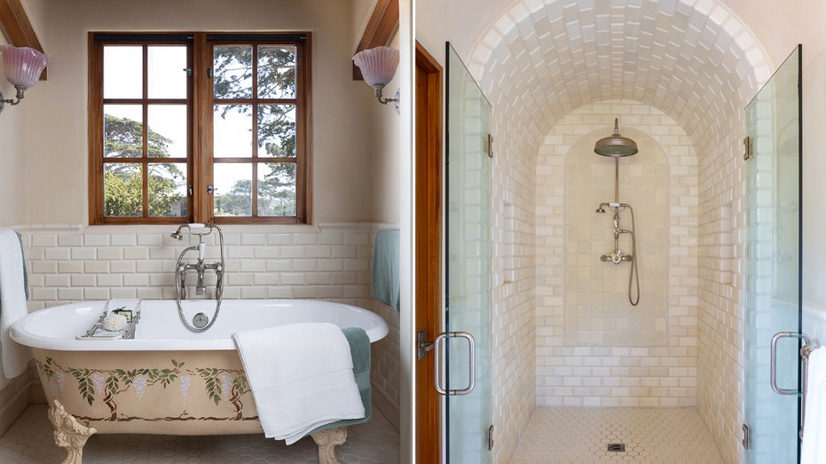 The en-suite bathroom features both a freestanding bathtub with vintage-style feet and a standing shower.