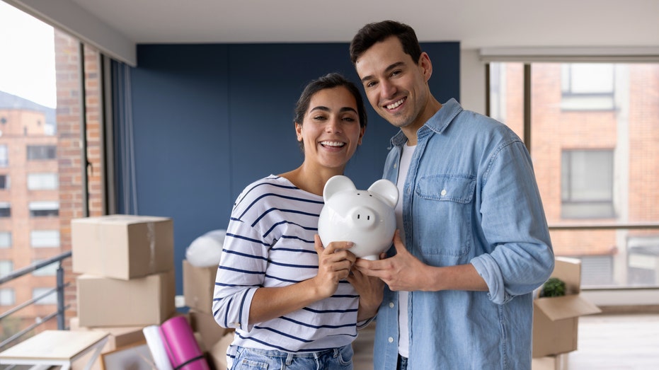 Couple holding piggy bank