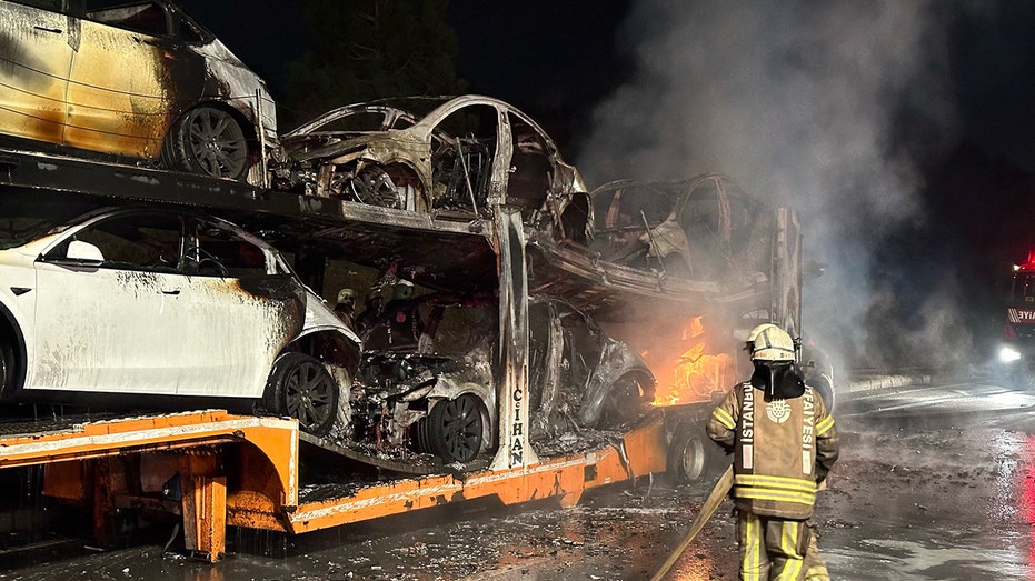 Burned Teslas on truck in Turkiye