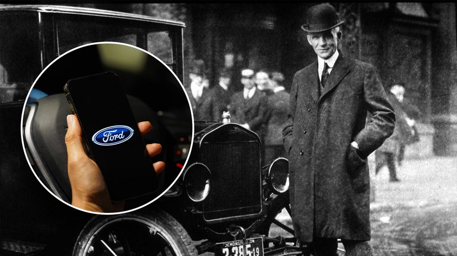 The Ford logo on a phone and a black and white picture of Henry Ford in background