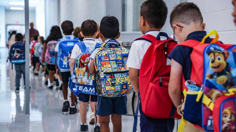 Children walking to school with backpacks