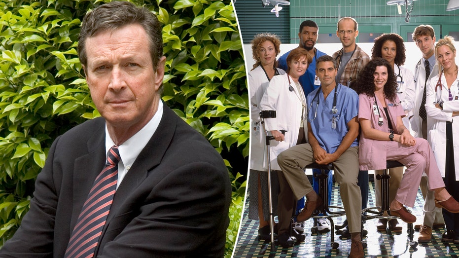 A split of Michael Crichton and the cast of "ER."