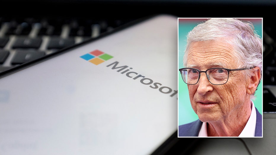 Bill Gates with Microsoft logo in background