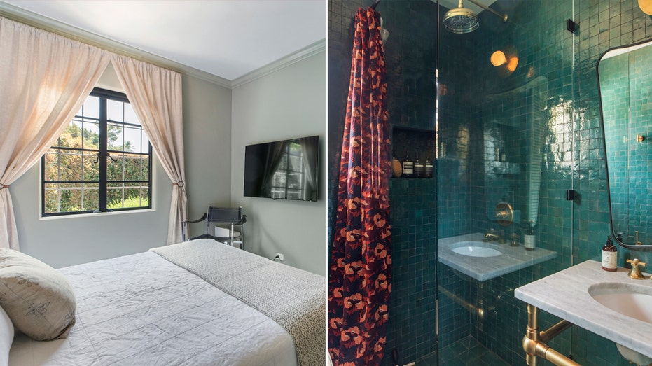 One of the bedrooms features a bathroom with all blue tile.