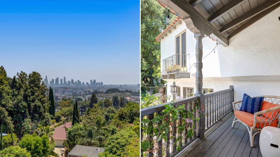 The patio with a chair and a view of downtown Los Angeles.