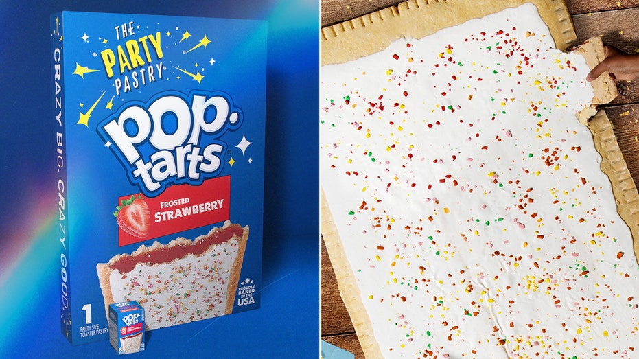 A split image of the Party Pop-Tart box with the pastry.