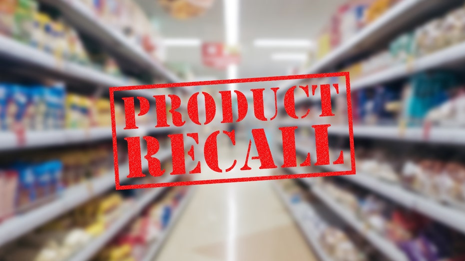 Product recall stamp over grocery store photo