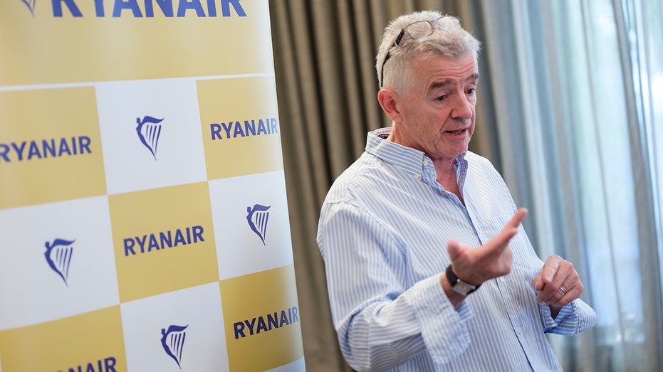 BRUSSELS, BELGIUM - AUGUST 27: Irish businessman, CEO of Ryanair Michael O'Leary talks to media on August 27; 2024 in Brussels, Belgium. Today, the Group CEO of Ryanair annonced 9 new routes for W2024 from Charleroi airport, and none from Brussels due to the high airport charges. (Photo by Thierry Monasse/Getty Images)