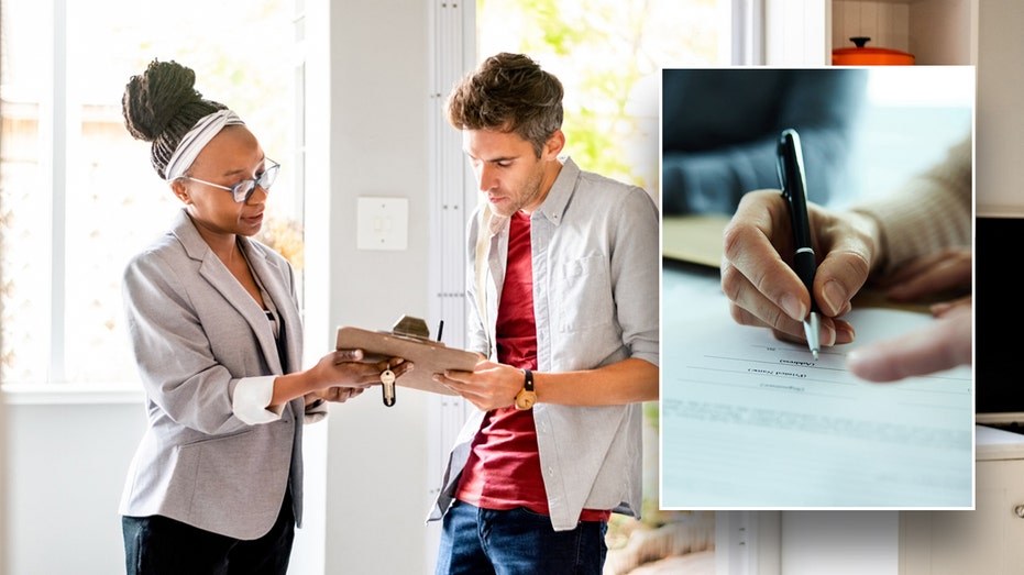 A person signing an apartment lease with a close up version of a lease being signed 