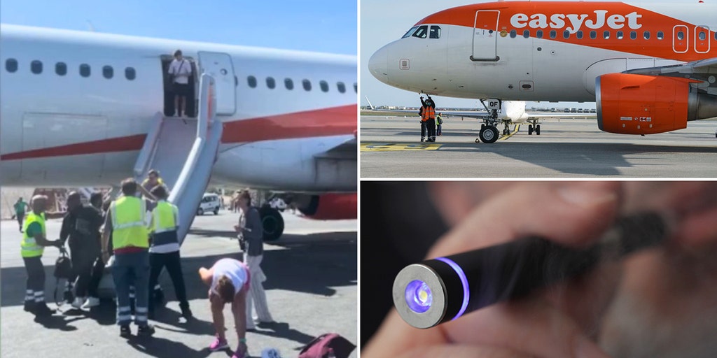 Dead vape battery on airplane, red blinking vape indicator, frustrated traveler long flight - Terrified passengers evacuated down emergency slides after vape ...