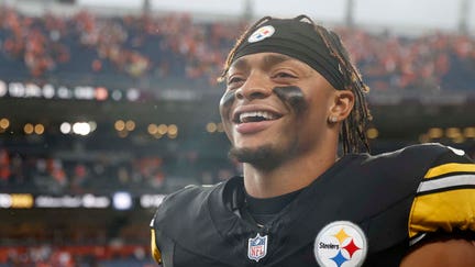 Justin Fields #2 of the Pittsburgh Steelers looks on after beating the Denver Broncos 13-6 at Empower Field At Mile High on September 15, 2024 in Denver, Colorado.