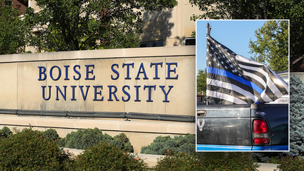 Pictured above is an image of the Boise State University sign alongside an image of a pro-police flag. 