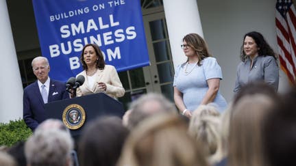 US President Joe Biden, from left, US Vice President Kamala Harris, Jill Scarbro, chief executive officer of Bright Futures Learning Services, and Isabel Casillas Guzman, administrator of the US Small Business Administration (SBA), speaks during a National Small Business Week event in the Rose Garden of the White House in Washington, DC, US, on Monday, May 1, 2023