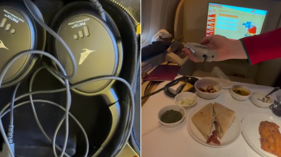 Split image of headphones, food on flight