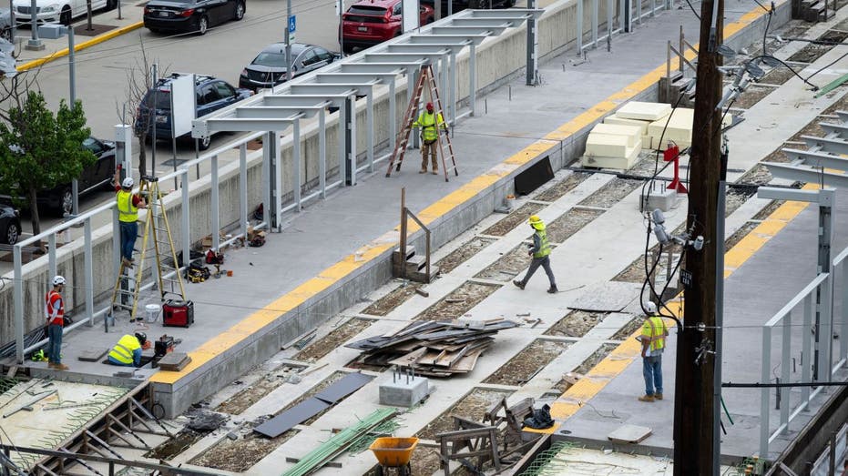 Construction workers on a railroad track in Maryland