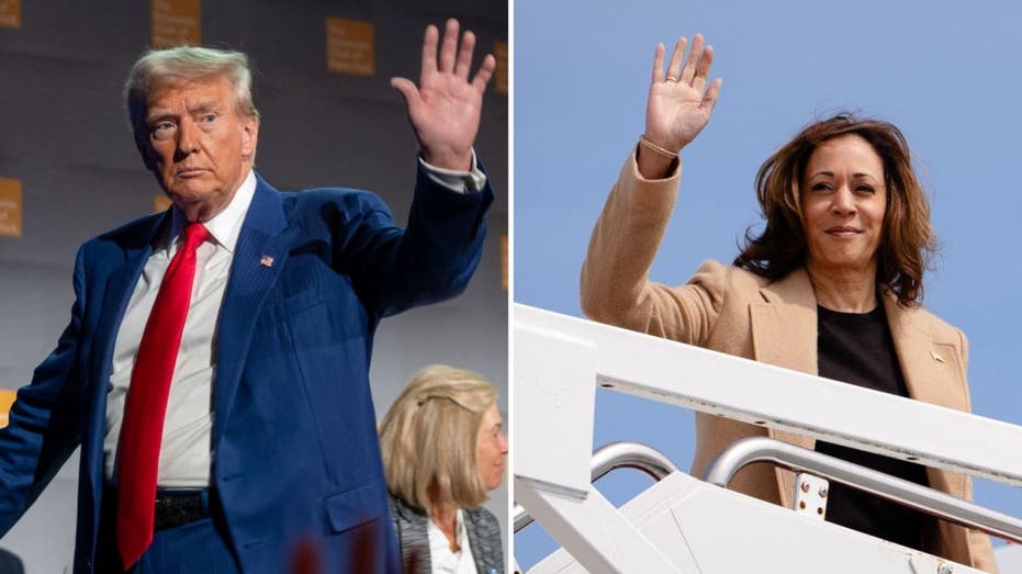 A split image of former President Donald Trump and Vice President Kamala Harris.