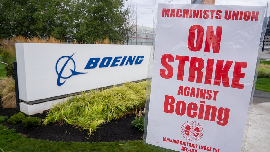 Boeing picket sign before Boeing sign