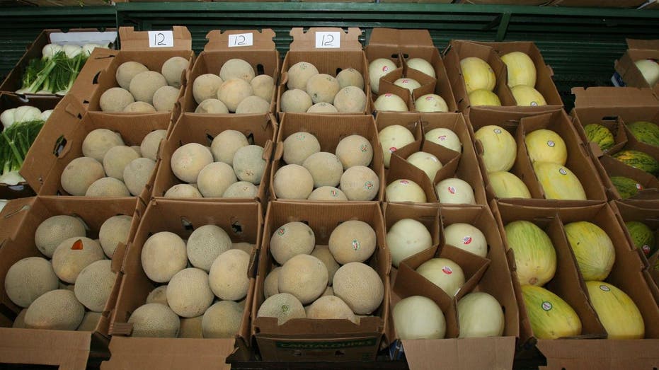 Rack of cantaloupes in store