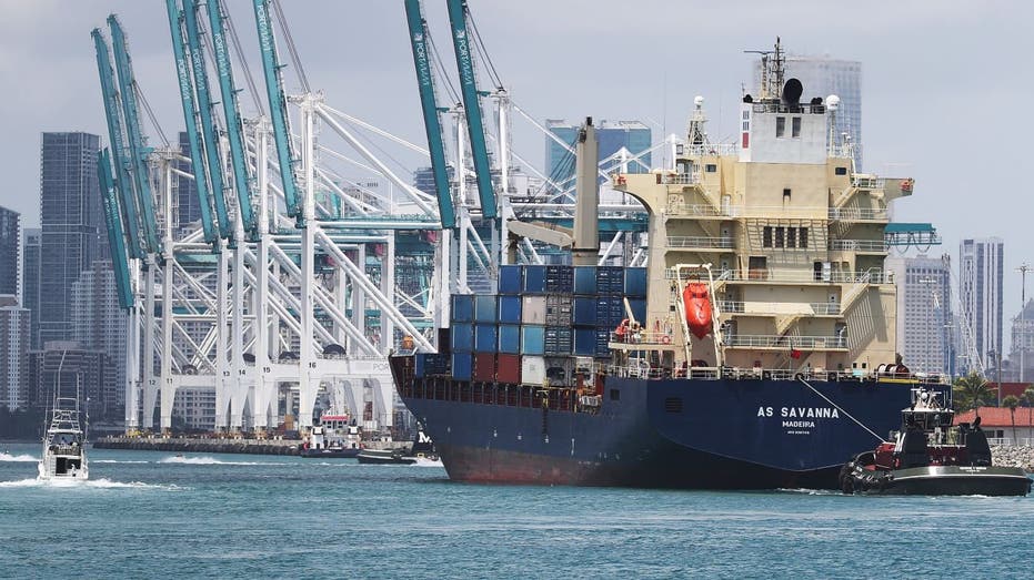 MIAMI, FL - APRIL 29: The AS Savanna cargo ship pulls into PortMiami on April 29, 2020 in Miami, Florida. The government reported that the gross domestic product fell 4.8% in the first quarter, as the coronavirus wreaked the U.S. economy. 