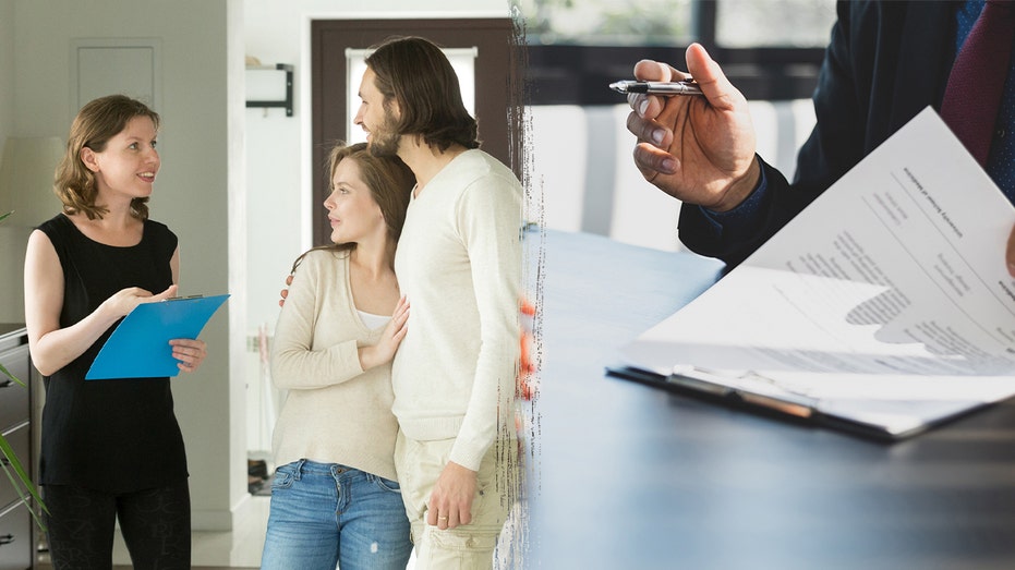 A couple looking at an apartment on left and a person with a lease on the right