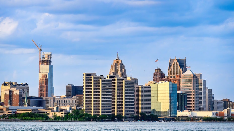 DETROIT, MICHIGAN, UNITED STATES - 2024/06/13: Skyline and urban skyline of Detroit. Soft light on an overcast day over the river. (Photo by Roberto Machado Noa/LightRocket via Getty Images)