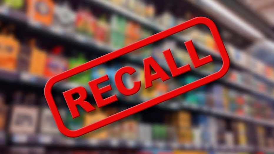 Food recall label with blurry grocery store photo in background