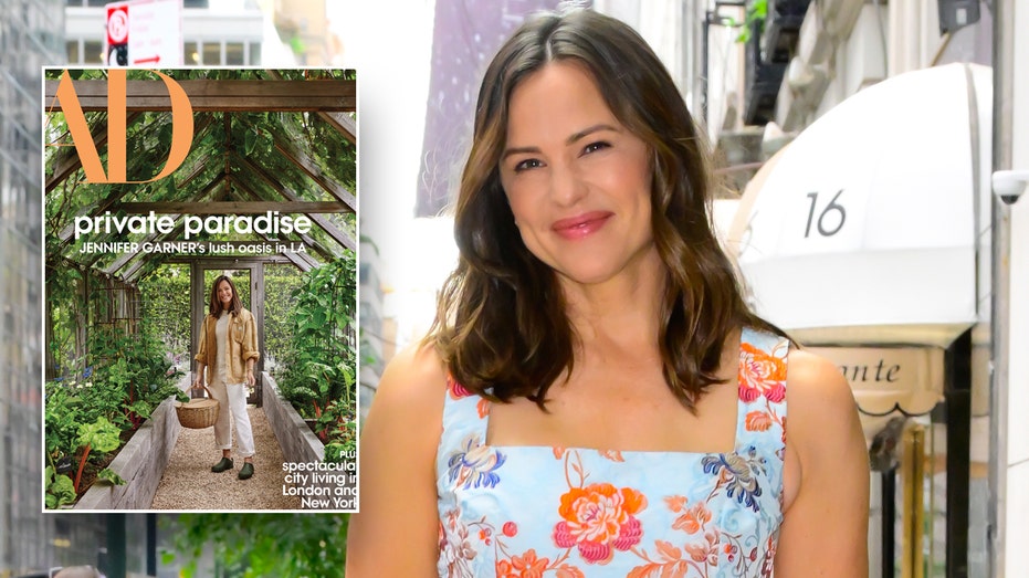 Jennifer Garner in New York City with an inset of her Architectural Digest cover.