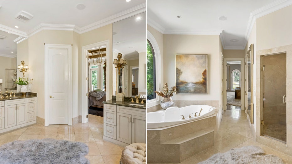 The primary bathroom features a standing shower, soaking tub and double vanities.