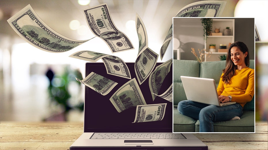 A computer surrounded by money in background, and a woman working from home on computer