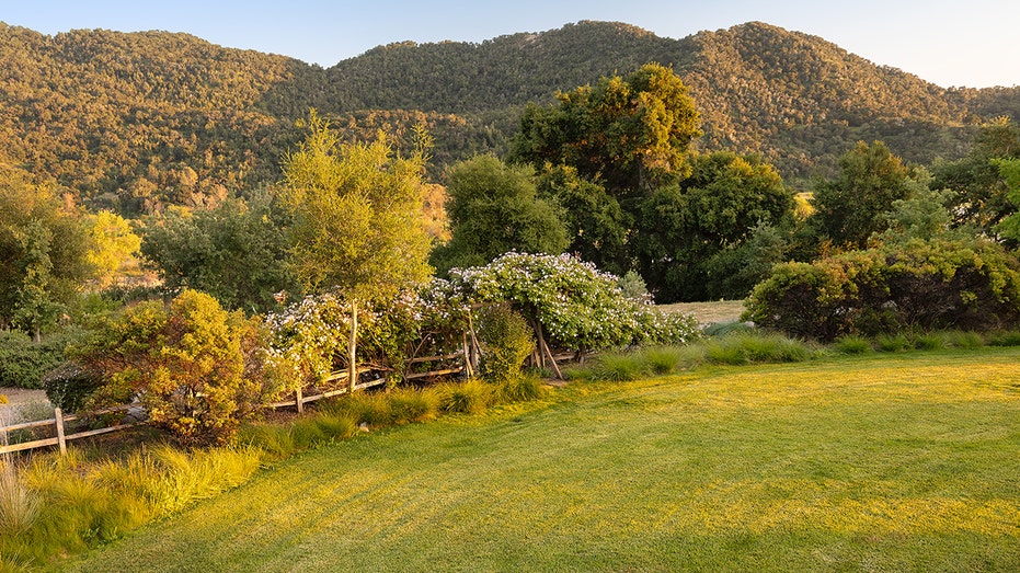 The sunroom looks out onto the grass field outside and has views of the surrounding hills.