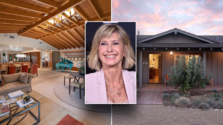 A split of Olivia Newton-John's home with an inset of a picture of her.