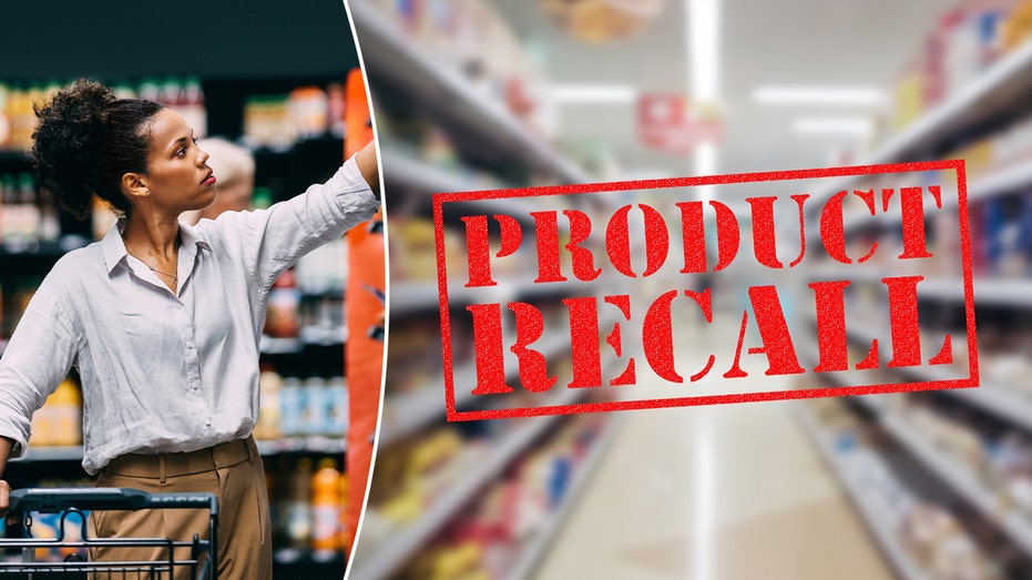 A woman shopping and a product recall label