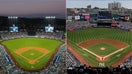 Overhead shots of Dodgers Stadium and Yankees Stadium