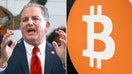 Left: Florida CFO Jimmy Patronis delivers remarks during a press conference for Prepare Florida, the state&amp;apos;s hurricane preparedness initiative, at the Urban Search and Rescue Task Force 4 headquarters in Orlando., Thursday, June 8, 2023; Right: A bitcoin logo outside a cryptocurrency exchange bureau in Istanbul, Turkey, on Friday, March 1, 2024.