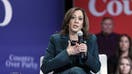 US Vice President and Democratic presidential candidate Kamala Harris speaks during a moderated conversation with former US Representative Liz Cheney (out of frame) at Sharon Lynne Wilson Center for the Arts in Brookfield, Wisconsin, on October 21, 2024. (Photo by KAMIL KRZACZYNSKI / AFP) 