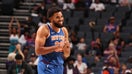 Karl-Anthony Towns #32 of the New York Knicks smiles during an NBA preseason game on October 22, 2024 at Spectrum Center in Charlotte, North Carolina. NOTE TO USER: User expressly acknowledges and agrees that, by downloading and or using this photograph, User is consenting to the terms and conditions of the Getty Images License Agreement. Mandatory Copyright Notice: Copyright 2024 NBAE 