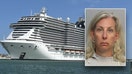 Assault suspect Kelli Lyn Ryan is pictured in an insert over an MSC cruise ship. 