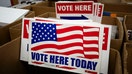 LANSING, MICHIGAN - OCTOBER 3: Voting signs are stocked and ready at the Reo Elections Office on October 3, 2024 in Lansing, Michigan. Michigan is considered to be one of several key battleground states in the upcoming November Presidential election. (Photo by Bill Pugliano/Getty Images)