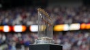 ARLINGTON, TX - MARCH 28: A detail photo of the Commissioner&apos;s trophy prior to the game between the Chicago Cubs and the Texas Rangers at Globe Life Field on Thursday, March 28, 2024 in Arlington, Texas. (Photo by Cooper Neill/MLB Photos via Getty Images)
