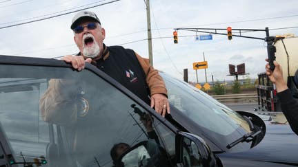 Harold J. Daggett, president of the International Longshoremen's Association speaks as dockworkers at the Maher Terminals in Port Newark are on strike on October 1, 2024 in New Jersey. 