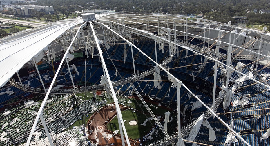 A drone image shows the dome of Tropicana Field which has been torn open due to Hurricane Milton