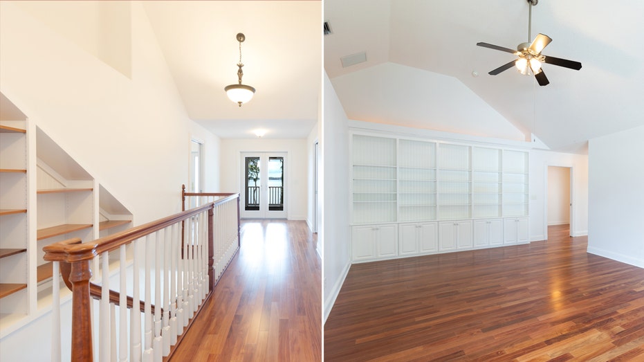 The home features a library with built-in floor-to-ceiling bookshelves.