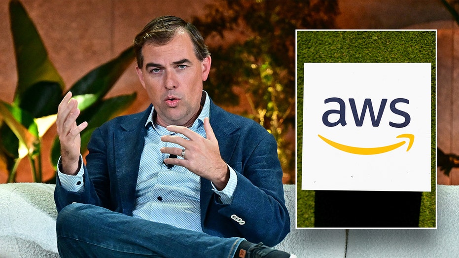 Matt Garman CEO of Amazon Web Services, background, AWS logo, inset