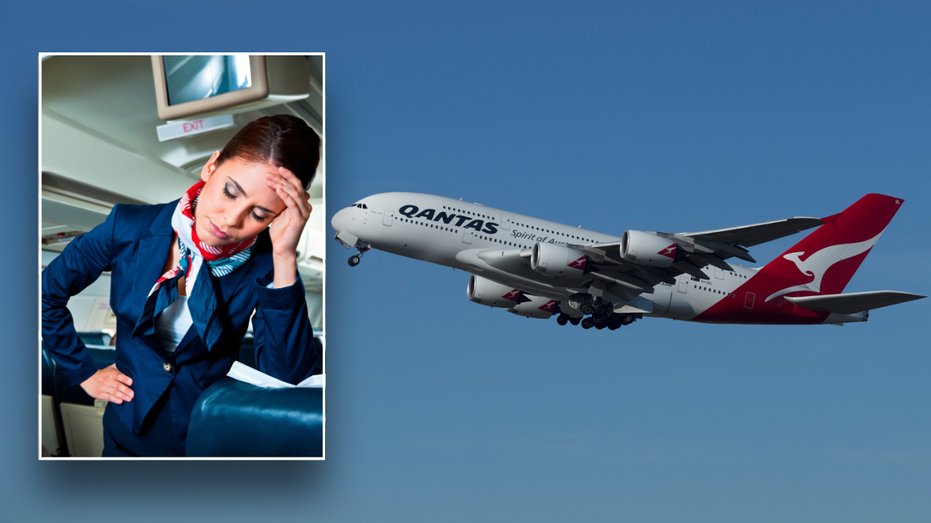 Split image of sick crew member, plane