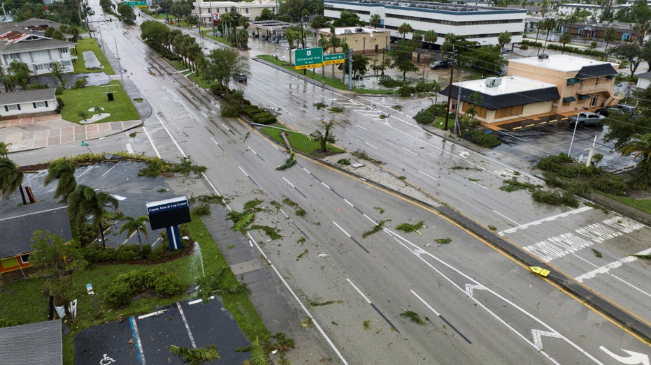 A drone view shows debris caused by a tornado as Hurricane Milton approaches Fort Myers, Florida, on Oct. 9, 2024.