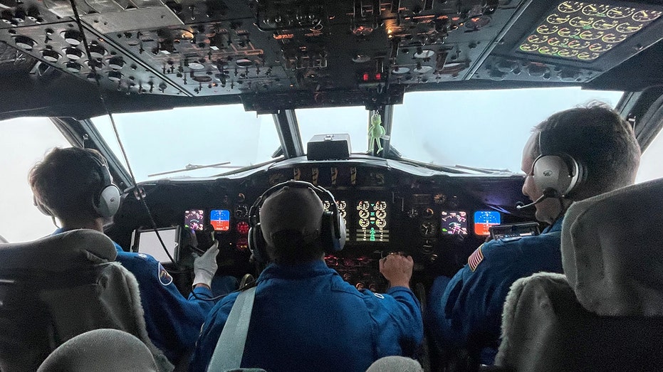 The cockpit of a WP-3D Orion during an NOAA Hurricane Hunter flight through Hurricane Ian